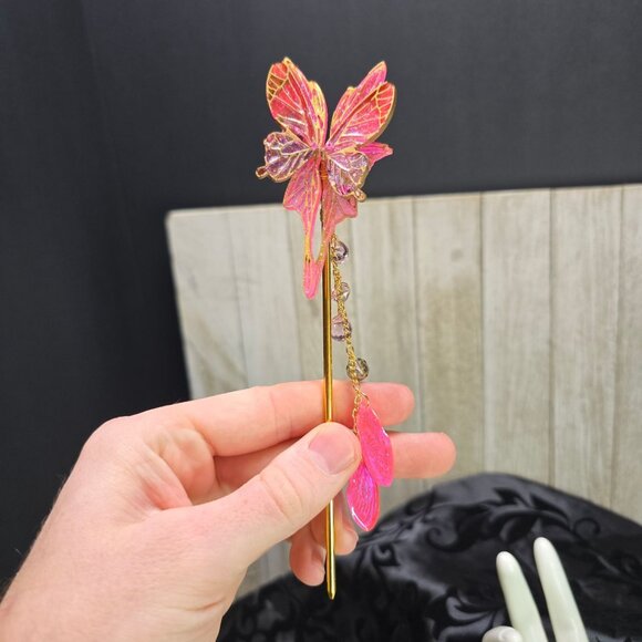 Handmade Delicate Gold and Pink Butterfly Hair Stick w/ Wings and Crystal 7" L - Picture 4 of 8